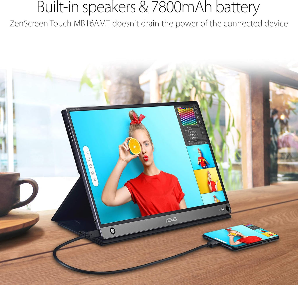 ASUS ZenScreen Touch Screen 15.6' 1080P Portable USB (MB16AMT) - Full HD (1920 x 1080), IPS, Anti-Glare, Built-in Battery, Speakers, Eye Care, USB Type-C, Micro HDMI, Smart Case, 3-Year Warranty