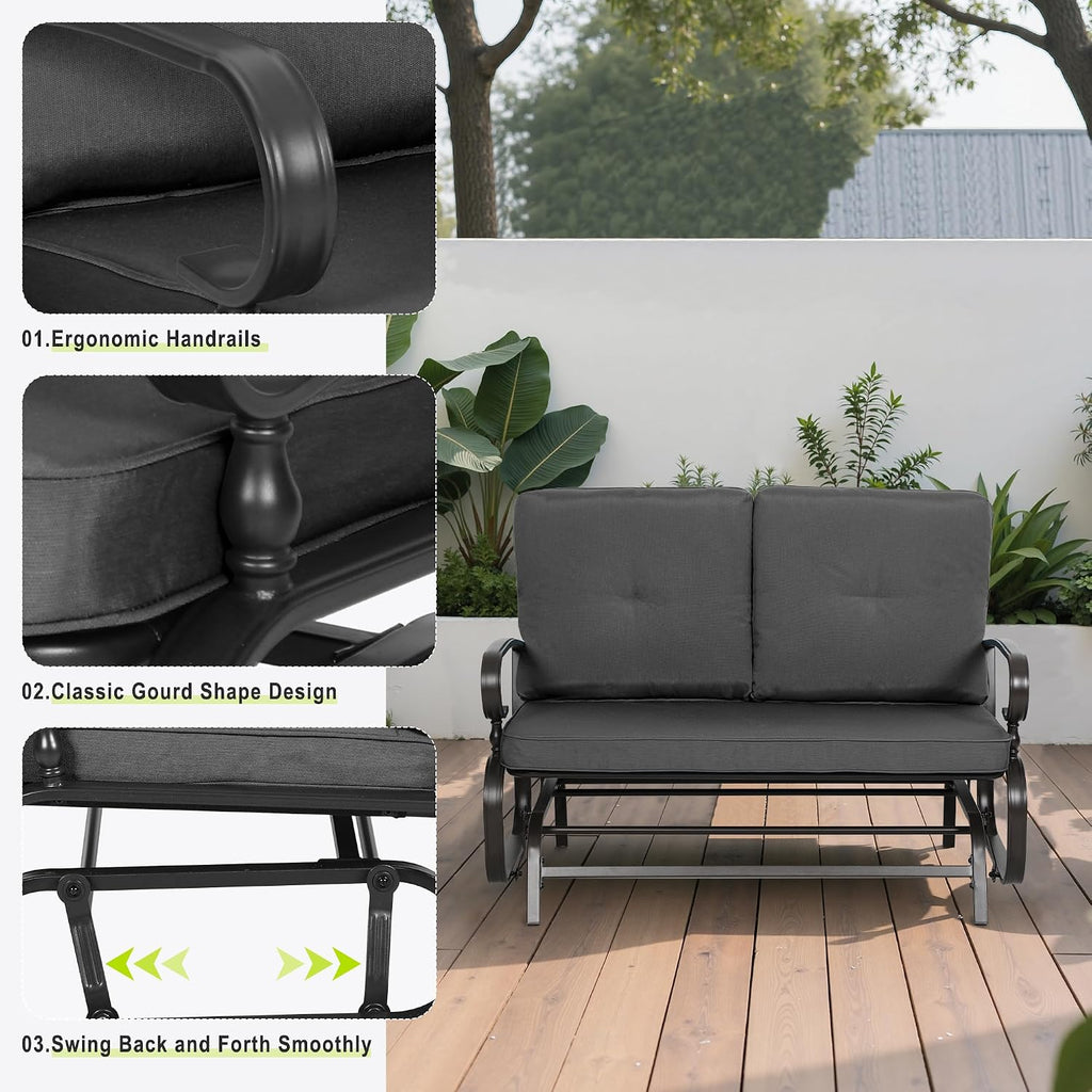 Outdoor Bench Patio Swing Glider Loveseat 2 Seats Rocking Chair, Wrought Iron Gliders for Outside Patio with Cushion (Grey)