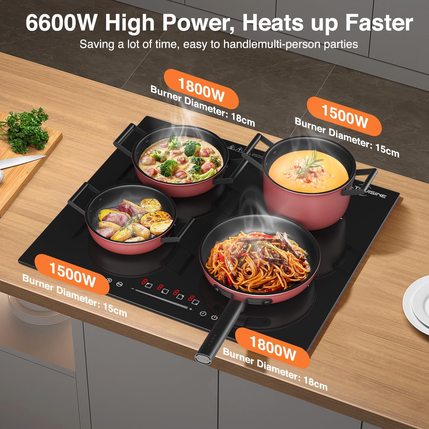24 Inch Built-in Induction Cooktop, 4 Burner 6600W Electric Cooktop, Touch Control, Timer & Child Lock, Easy-Clean Black Glass