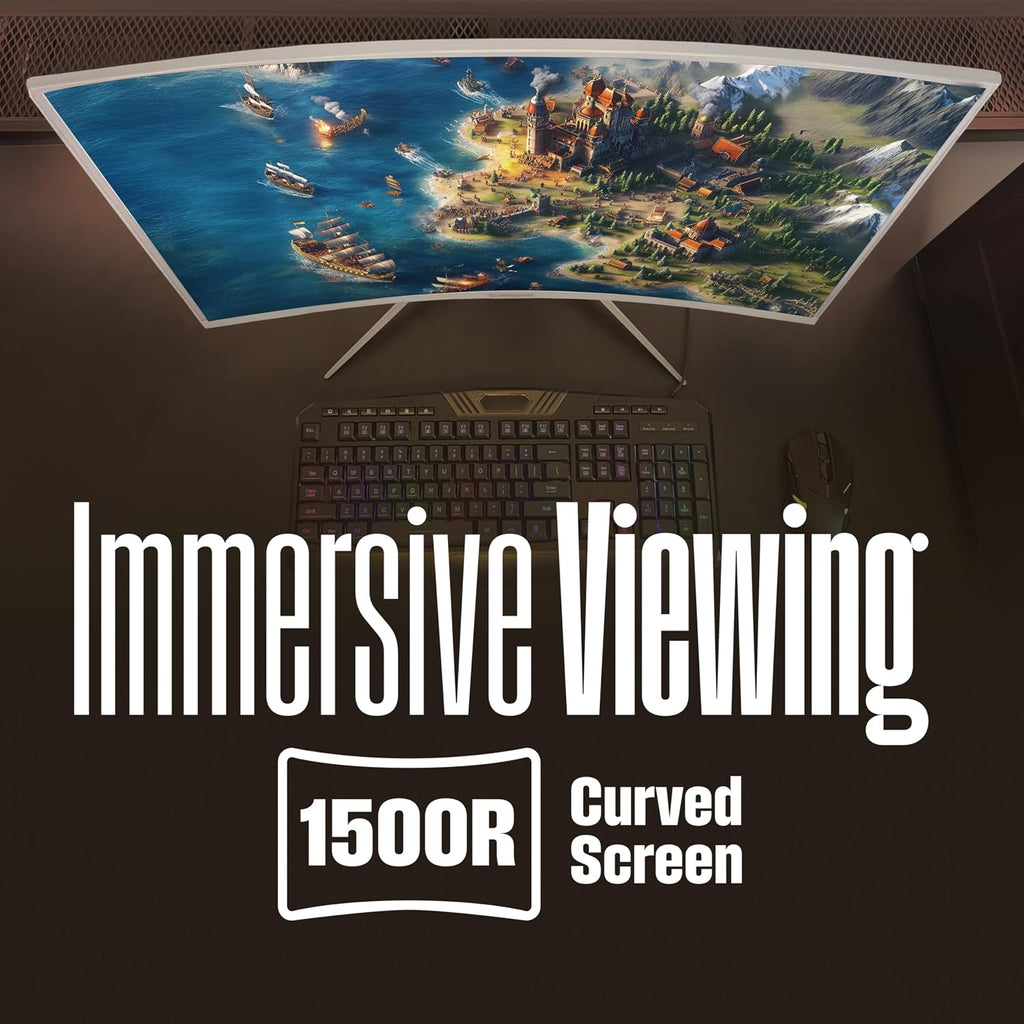 Westinghouse 27 Inch Curved Gaming Monitor, 200Hz, 1ms, FHD 1080P, 3000:1 Contrast Ratio, 118% sRGB, 1500R, AMD FreeSync, Eyecare, for PC Games with Built-in Speakers, DisplayPort, HDMIx2-White