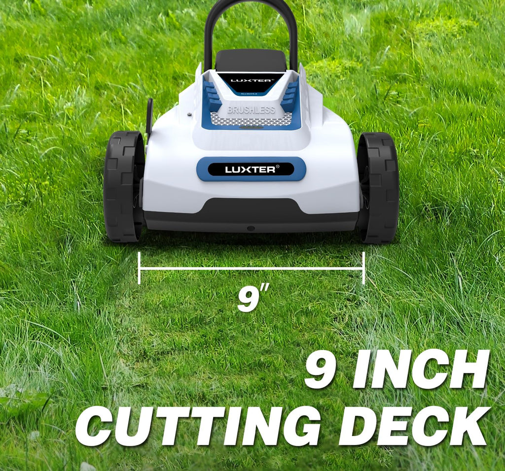 LUXTER 9 Inch Cordless Lawn Mower 6000RPM Brushless Motor 3 Adjustable Cutting Heights (1.5'-2.3') Electric Grass Trimmer 20V 4.0Ah Battery & Charger Mini Lawn Mower for Garden Yard Work and Lawn Care