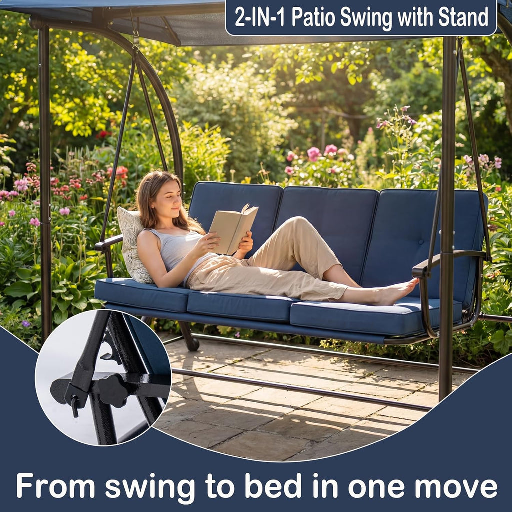 Outdoor Patio Swing Bed with Canopy, 3 Seat Porch Swing Chair for Adults, Heavy Duty Frame, Thick Cushions, Adjustable Backrest for Backyard Balcony Garden, Blue