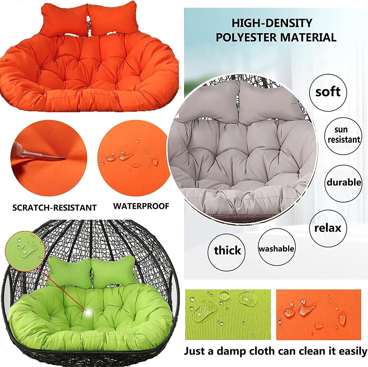 GARCAN Large Egg Chair Swing Cushion, Hanging Hammock Chair Cushion Replacement,Washable Thick Persons Wicker Outdoor Swing Cushions, Waterproof and Sun-Resiatant,D