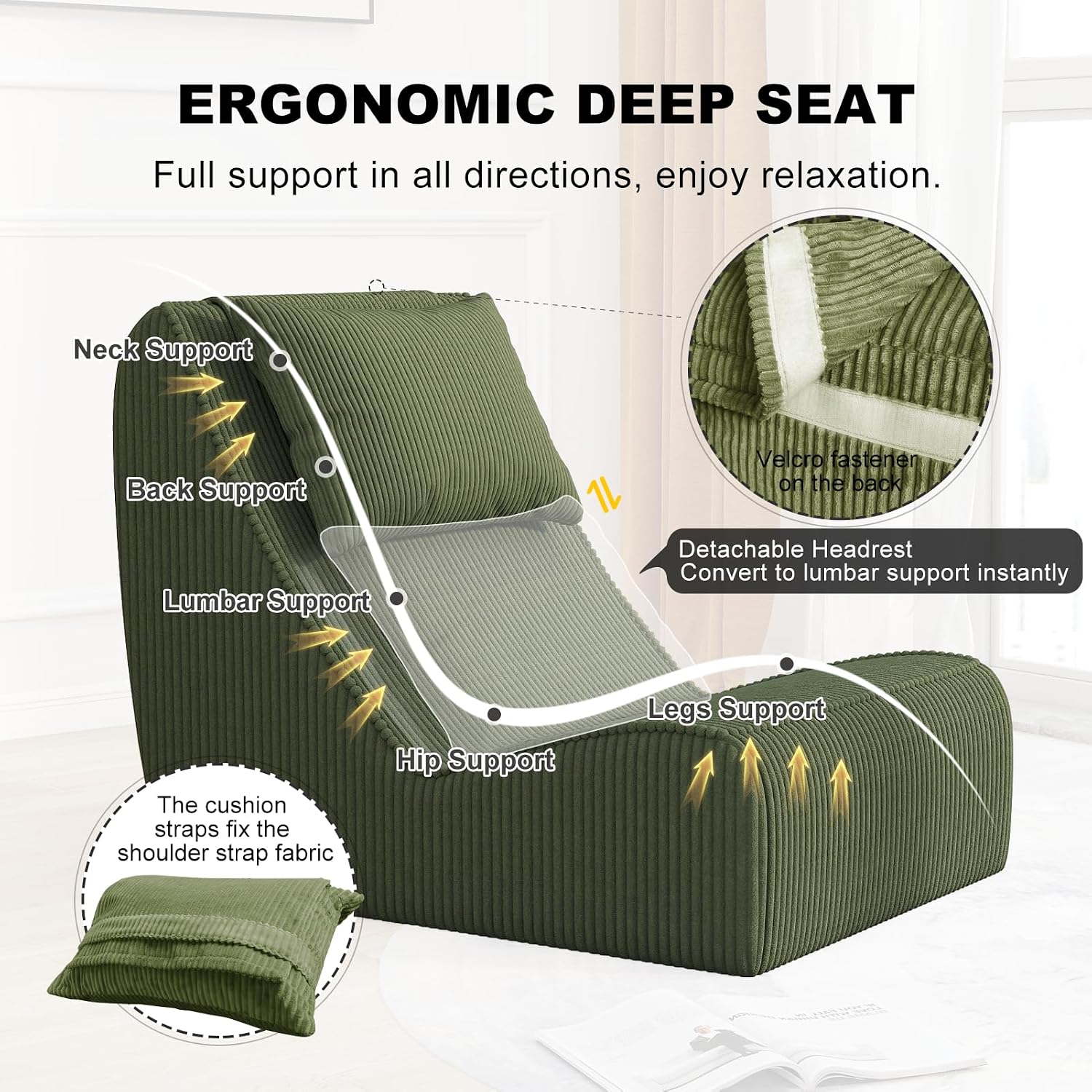 Giant Bean Bag Chair for Adults,Corduroy Chaise Lounge with Unrivaled Back Support, Detachable Neck Pillow, Comfortable Ottoman & Washable Cover for Living Room, Bedroom, Garden (Olive Green)