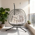 2 - Person Hanging Egg Chair with Stand, Steel Frame, for Outdoor & Indoor Use Double Wicker Egg Chair for Patio, Garden, or Balcony, Beige Cushion