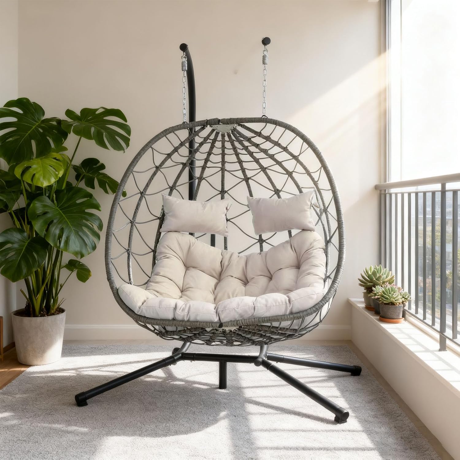 2 - Person Hanging Egg Chair with Stand, Steel Frame, for Outdoor & Indoor Use Double Wicker Egg Chair for Patio, Garden, or Balcony, Beige Cushion