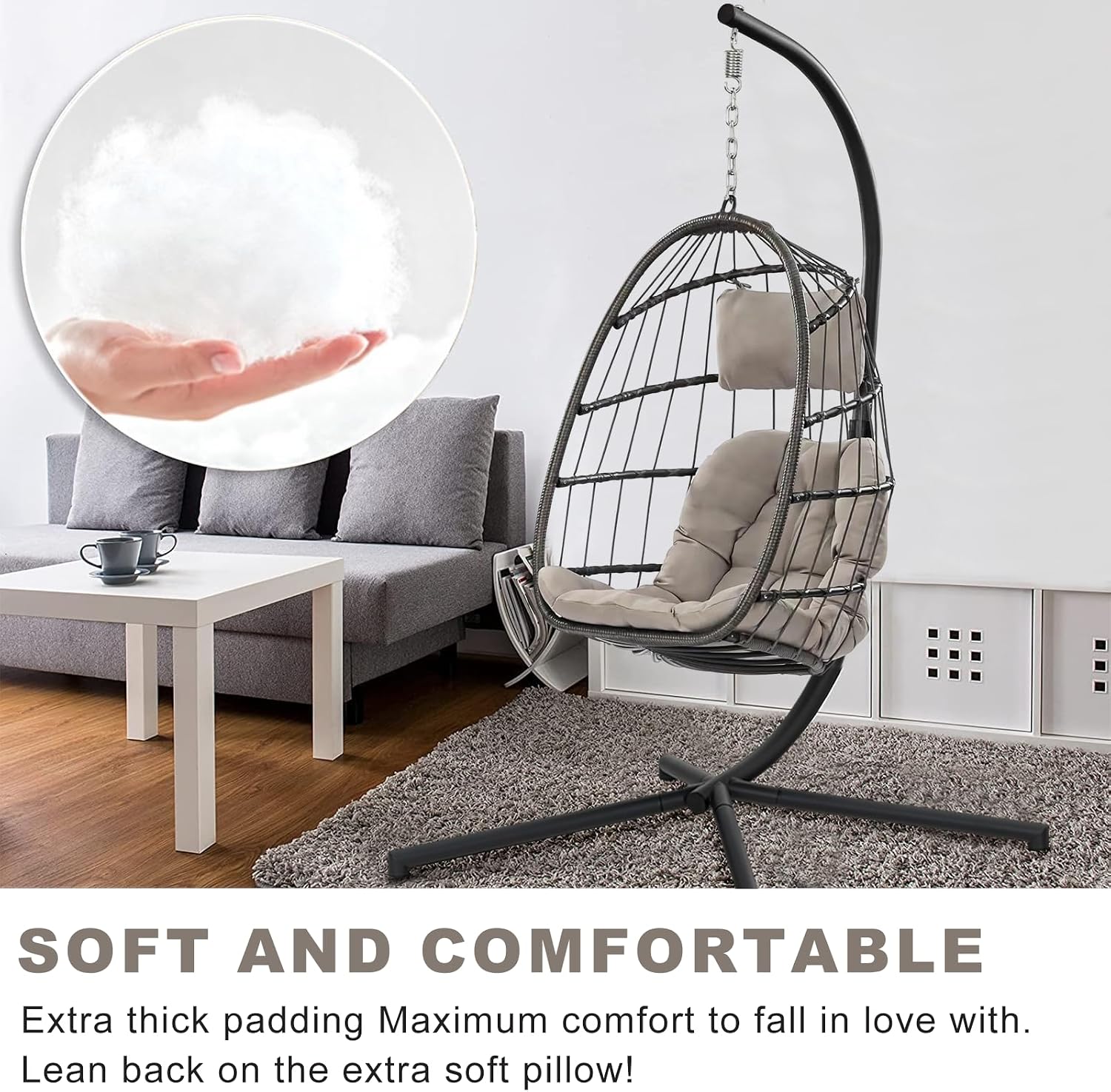 Indoor Outdoor Patio Wicker Hanging Chair Swing Chair Patio Egg Chair UV Resistant Cushion Aluminum Frame (LIGHT GREY)
