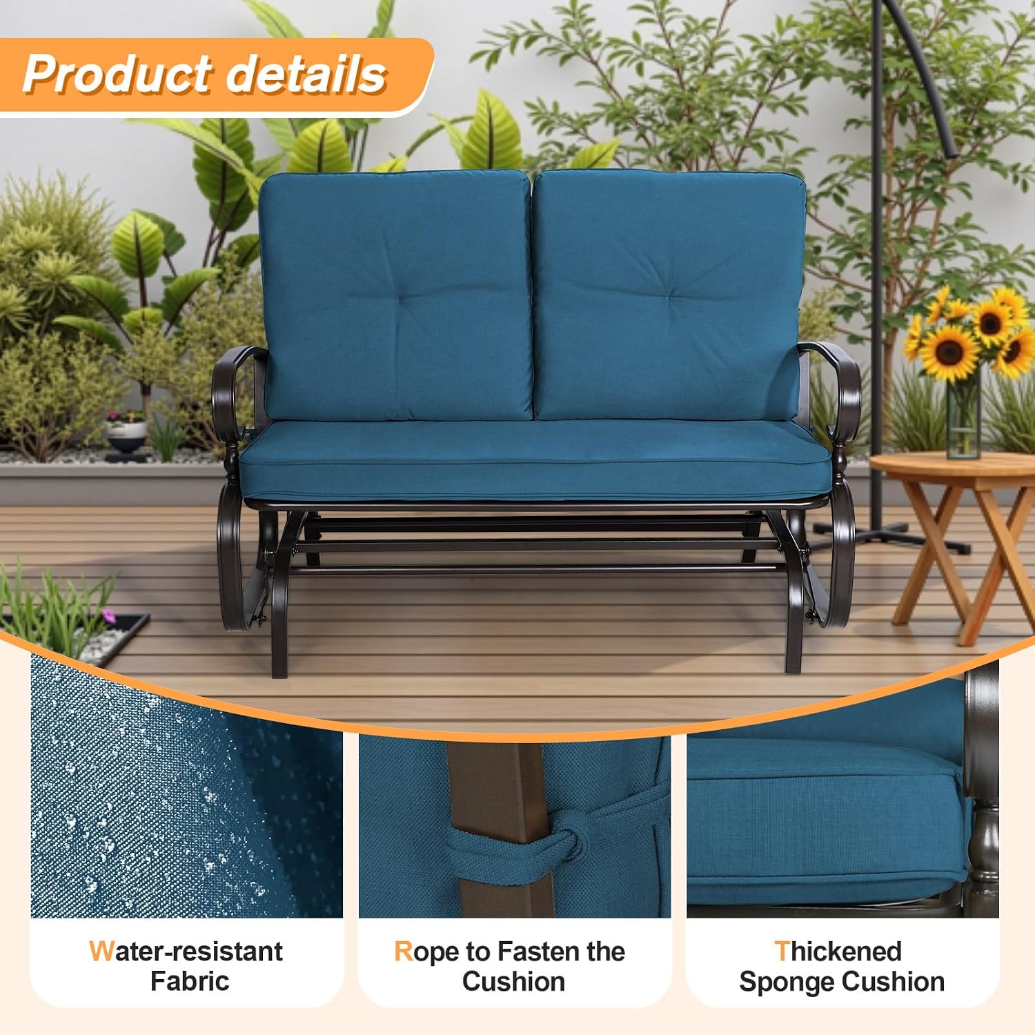 Incbruce Outdoor Swing Glider Rocking Chair Patio Bench for 2 Person, Garden Loveseat Seating Patio Steel Frame Chair Set with Cushion, Peacock Blue