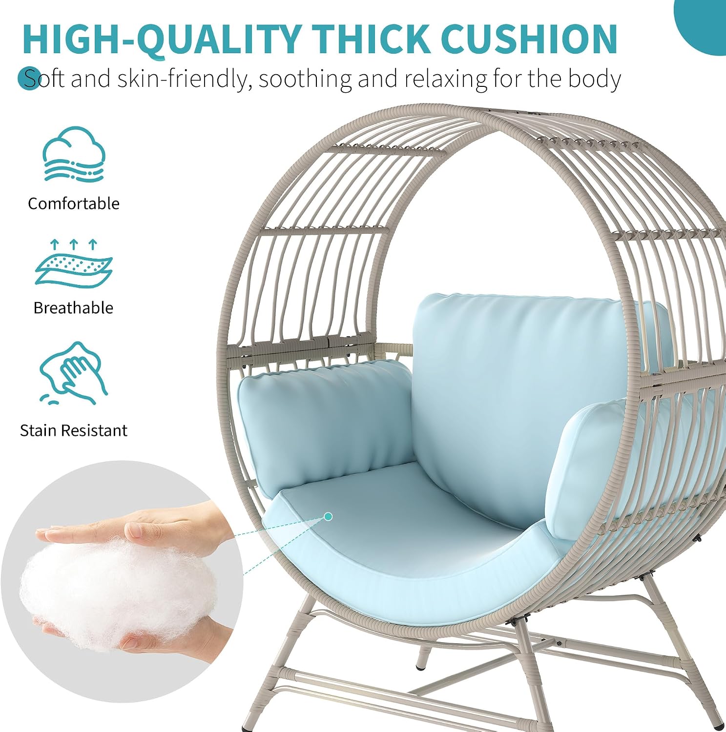 Fancyango Egg Chair Outdoor Indoor, Oversized Rattan Chair with Thicken Cushion, 350LBS Capacity Wicker Patio Lounge Chair, Basket Chair for Living Room Balcony Porch Backyard, Blue