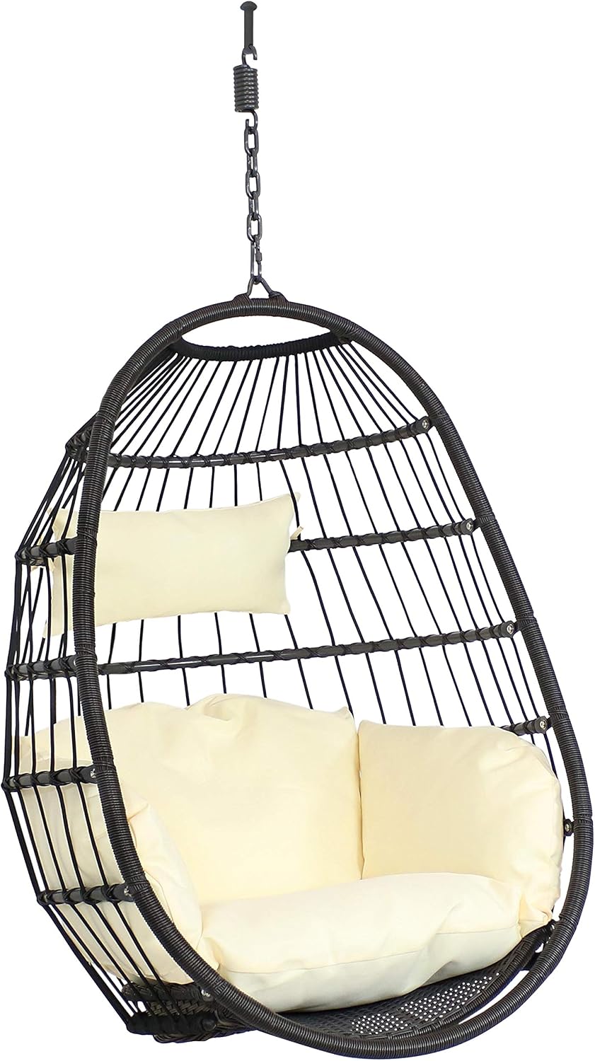 Sunnydaze Penelope Black Steel and Polyethylene Wicker Hanging Egg Chair with Cream Polyester Cushions - 45-Inch Tall