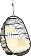 Sunnydaze Penelope Black Steel and Polyethylene Wicker Hanging Egg Chair with Cream Polyester Cushions - 45-Inch Tall