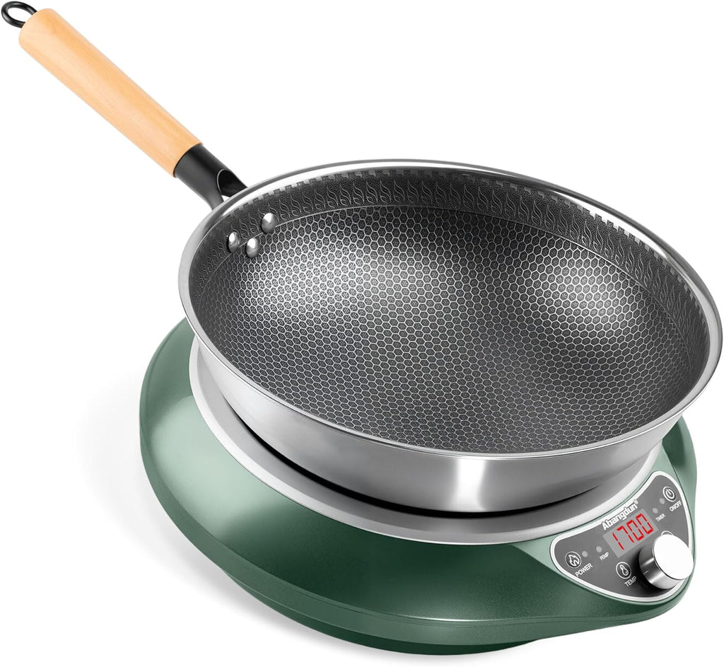 1700W 120V Concave Induction Wok Cooktop with Stainless Steel Wok, Non-Pulse Continuous Heating, 16 Power Levels, Portable Countertop Burner for Round-Bottom Woks & Stir-Fry Cooking