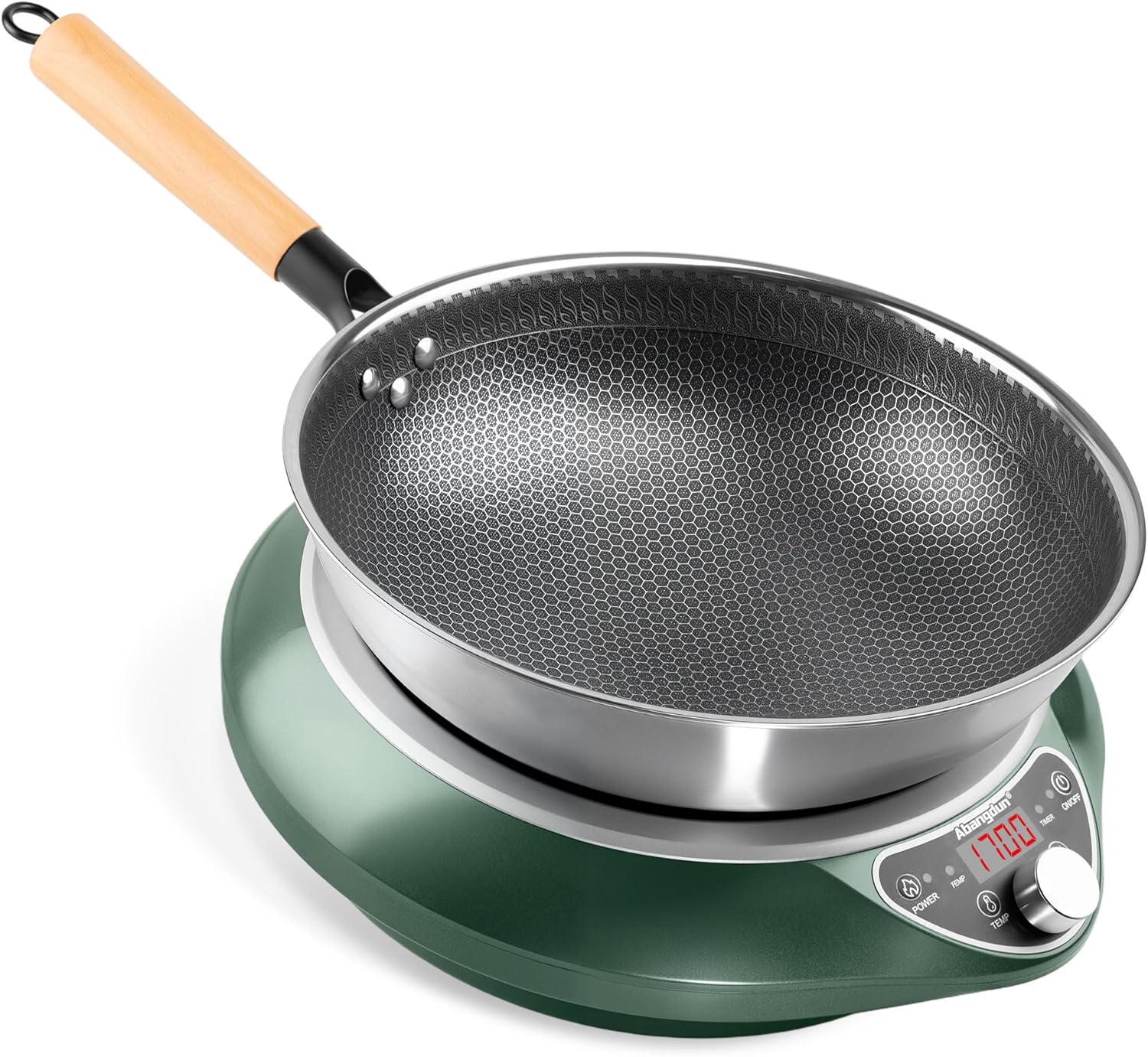 1700W 120V Concave Induction Wok Cooktop with Stainless Steel Wok, Non-Pulse Continuous Heating, 16 Power Levels, Portable Countertop Burner for Round-Bottom Woks & Stir-Fry Cooking
