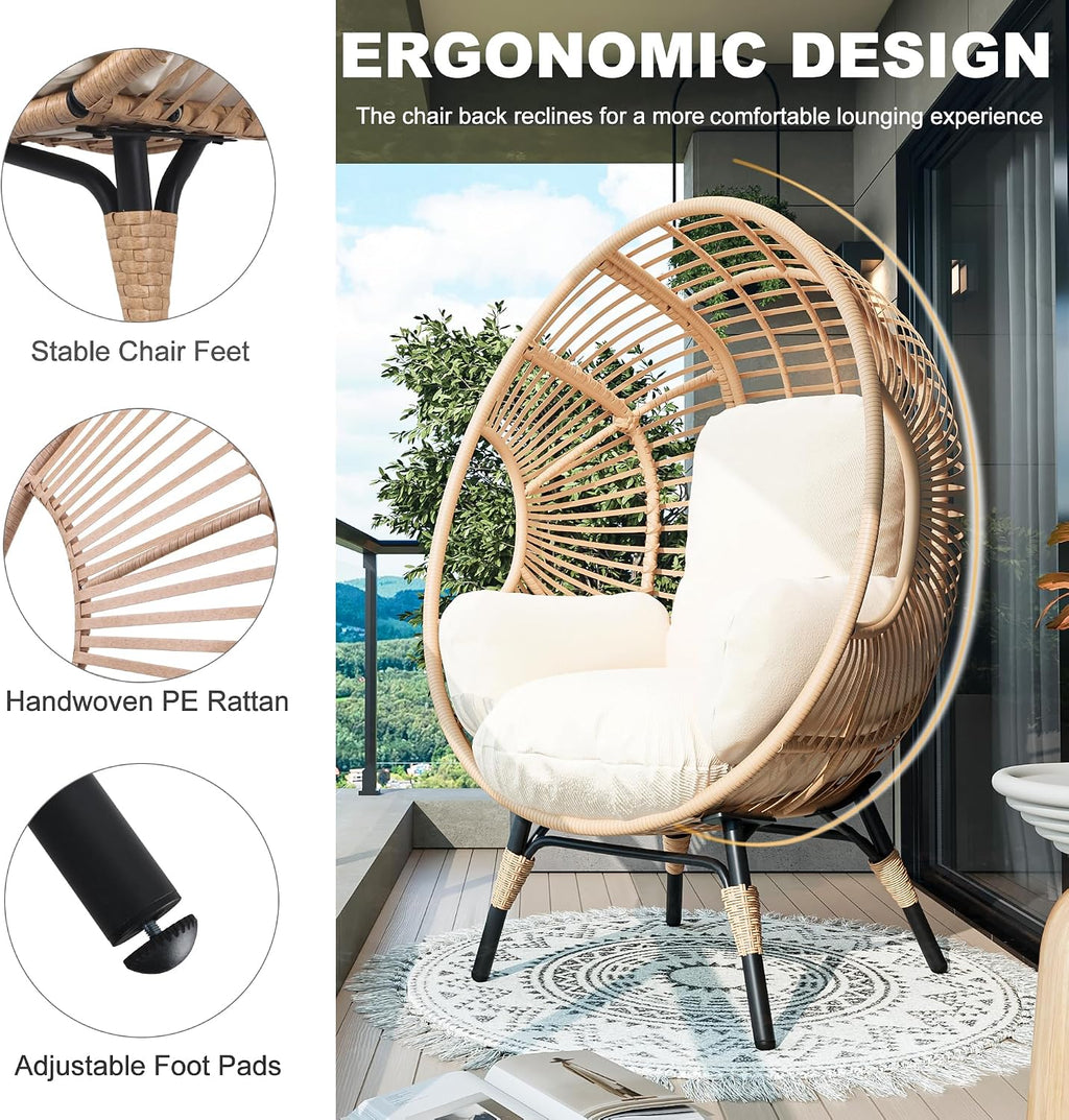 Oversized Wicker Egg Chair with Table Outdoor Indoor,Patio Lounge Chair with Thicken Cushions, Egg Reading Chair 500lbs Capacity for Garden, Backyard, Porch (Beige-Regular, 1pcs with Table)