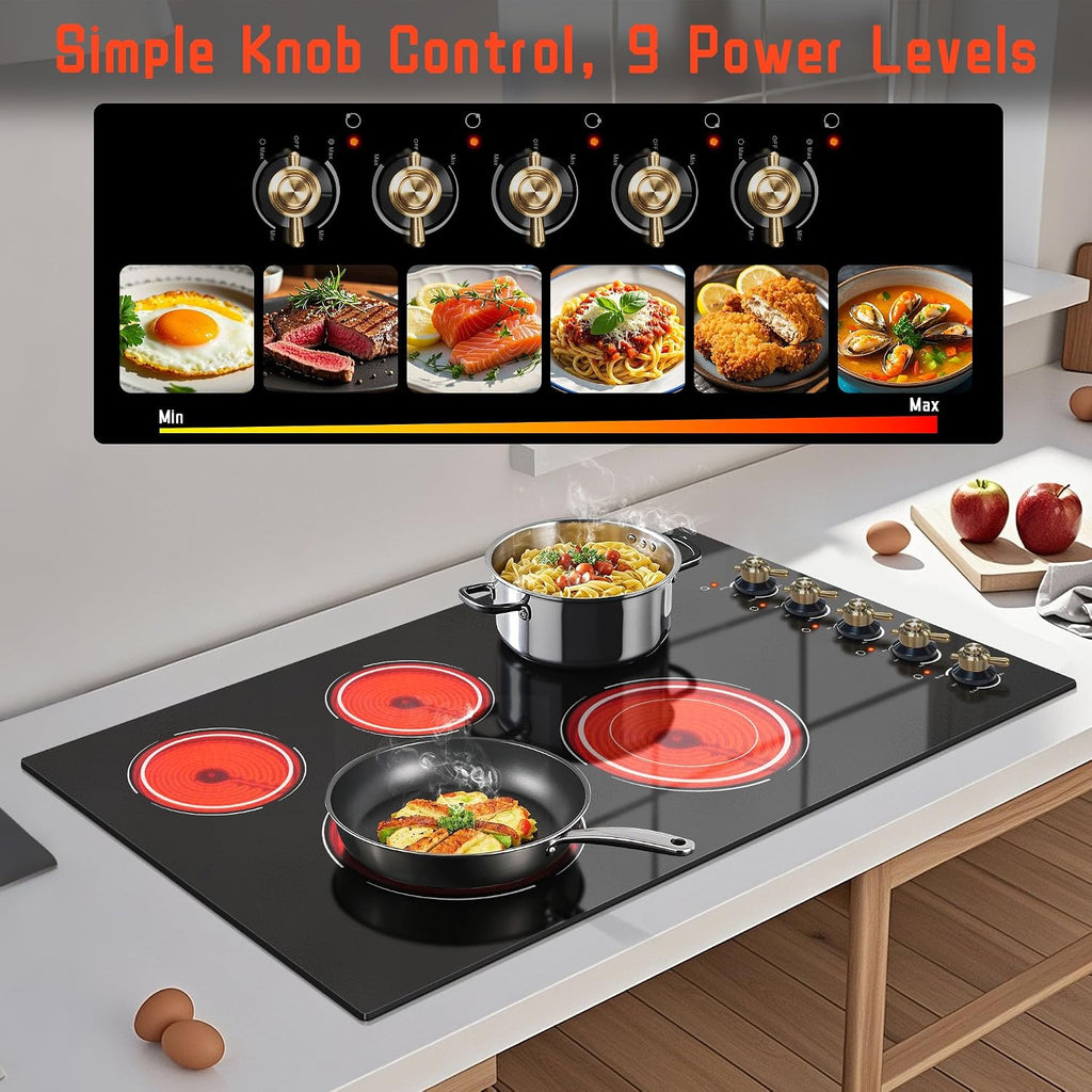 Electric Cooktop 36 Inch - 5 Burner Electric Stove Top with 8400W, 36 Inches Built-in(34.25'x19.3') Ceramic Stove with Dual Rings, Overheat Indicator, Knob Control, 220V - 240V Hard Wired