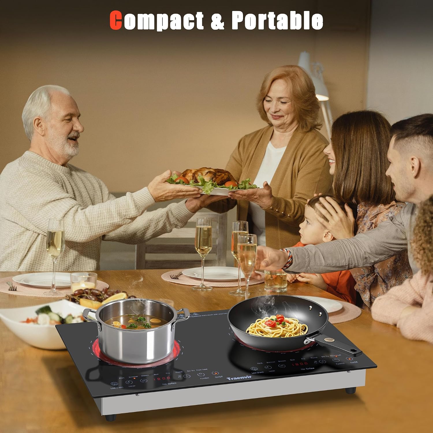 2 Burner Electric Cooktop, Two Burner Ceramic Cooktop 2000W, 24 Inch Countertop & Built-in Electric Stove top for Camping, Outdoor, Child Lock, Timer, 8 Power Levels, 110V-120V Plug in, Blue