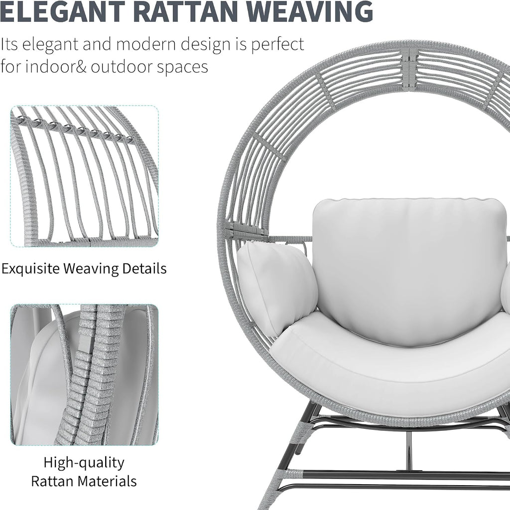 Fancyango Egg Chair Outdoor Indoor, Oversized Rattan Chair with Thicken Cushion, 350LBS Capacity Wicker Patio Lounge Chair, Basket Chair for Living Room Balcony Porch Backyard, Grey/Light Grey