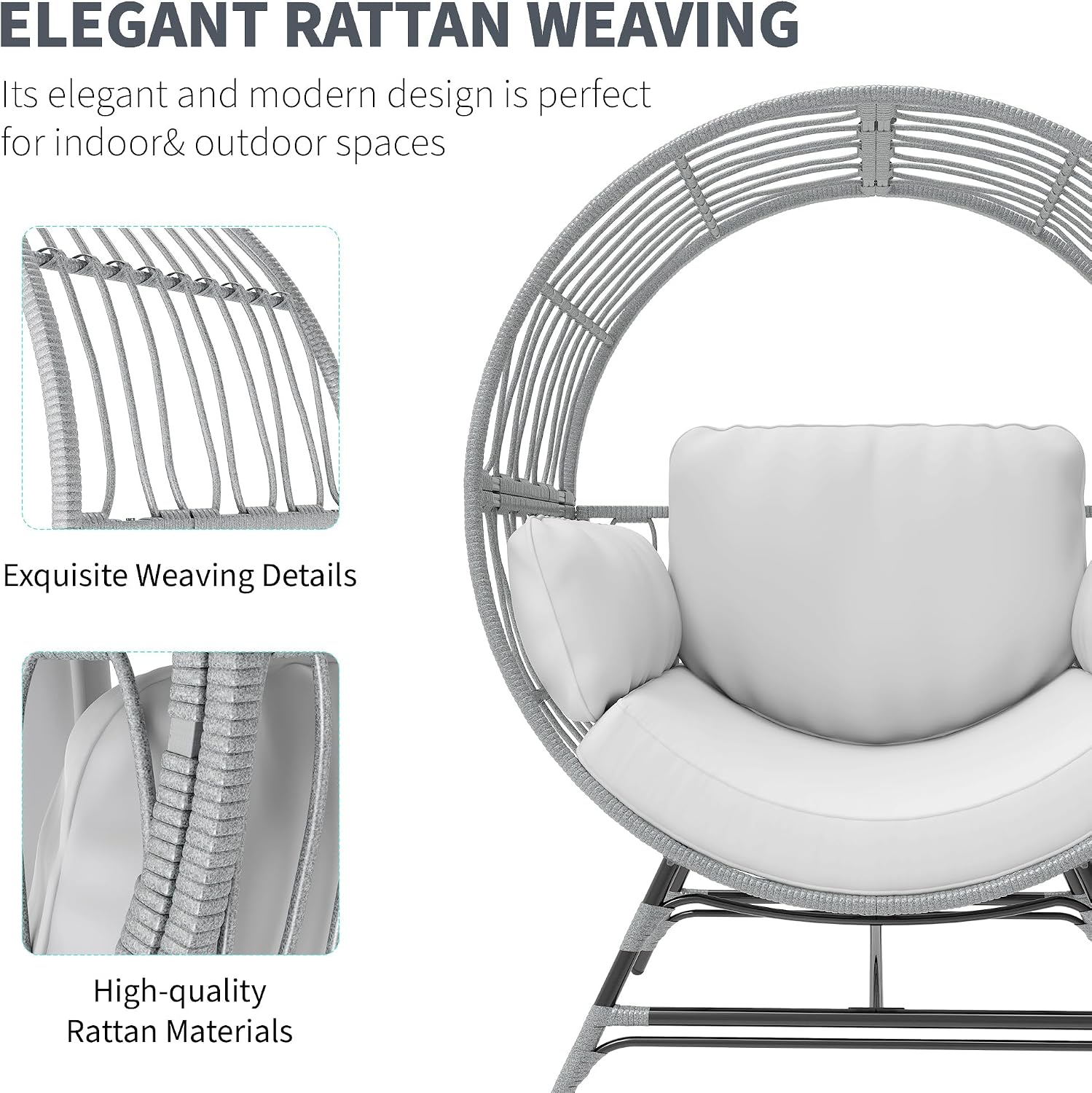 Fancyango Egg Chair Outdoor Indoor, Oversized Rattan Chair with Thicken Cushion, 350LBS Capacity Wicker Patio Lounge Chair, Basket Chair for Living Room Balcony Porch Backyard, Grey/Light Grey