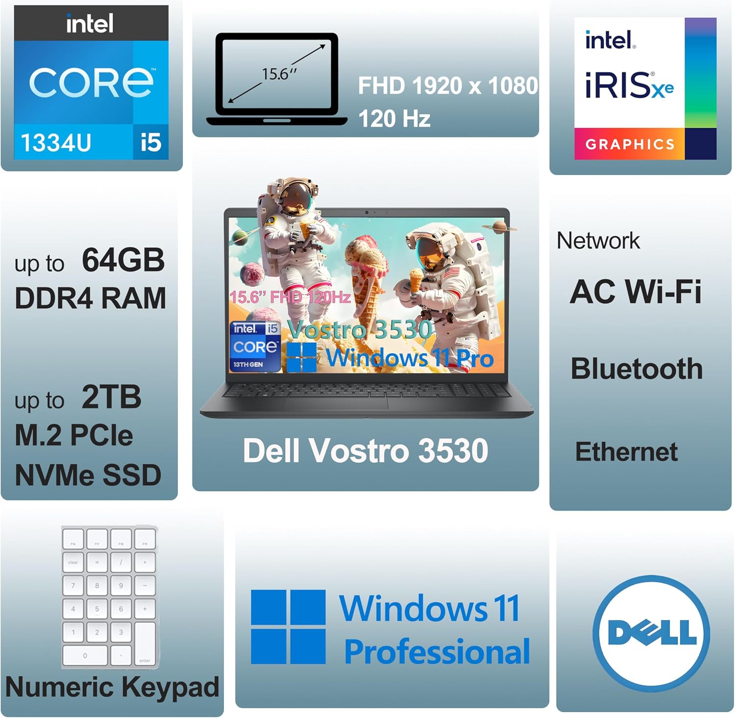 Dell 15 3530 Laptop - Business & Home Student Laptop Computer, Intel 10-Core i5-1334U (Beat i7-1250U), 120Hz Fhd Vostro Laptop, WiFi, Bluetooth, Windows 11 Pro (32Gb Ram | 1Tb Pcie Ssd)