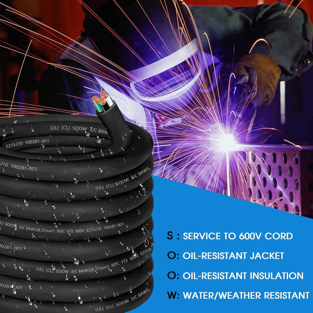 50ft 8/3 Wire 8 Gauge SOOW Wire 8 AWG 8/3 Electric SOOW Portable Power Cable 8 Gauge 3 Conductor Bulk Cable Extension Cord for 35A Generator,Welder,Circuits,Portable Light,Data Centers,Motor Lead