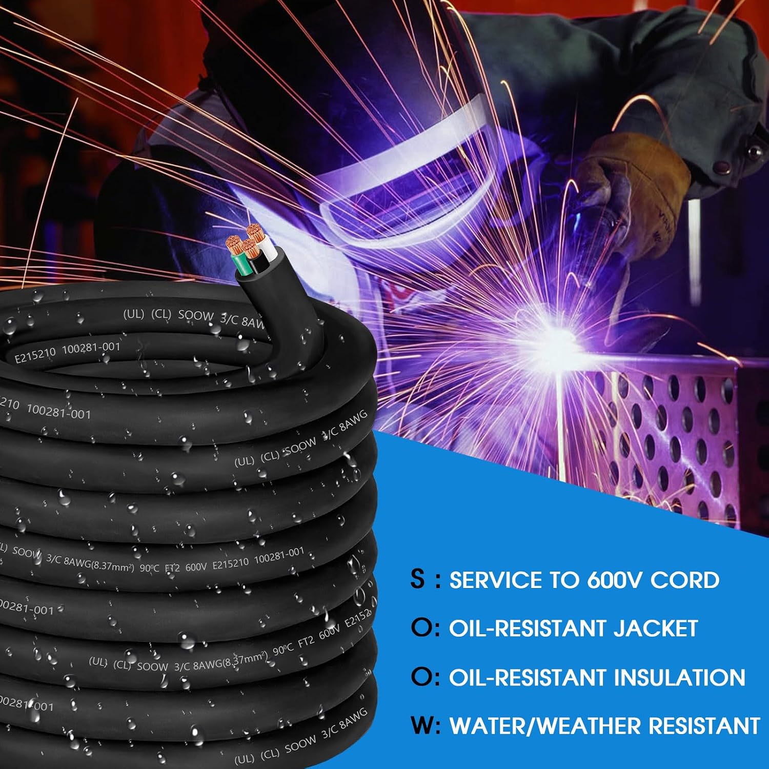 50ft 8/3 Wire 8 Gauge SOOW Wire 8 AWG 8/3 Electric SOOW Portable Power Cable 8 Gauge 3 Conductor Bulk Cable Extension Cord for 35A Generator,Welder,Circuits,Portable Light,Data Centers,Motor Lead