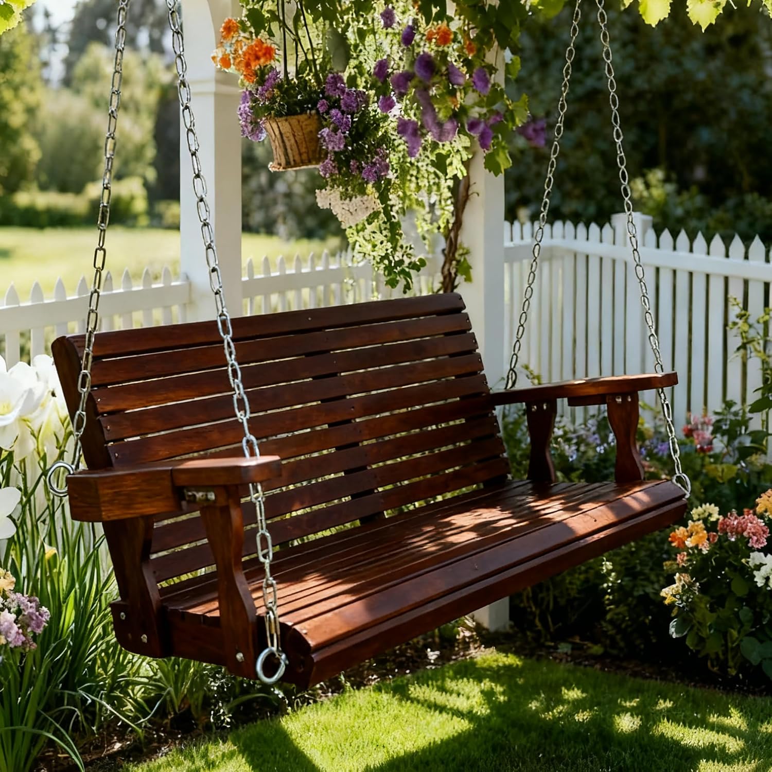 Wooden Porch Swing 2-Seater, High Backrest and Deep Seat, Bench Swing with Cupholders, Hanging Chains and 7mm Springs, Heavy Duty 880 LBS, for Outdoor Patio Garden (Deep Brown, 4.5 feet Extra-Large)