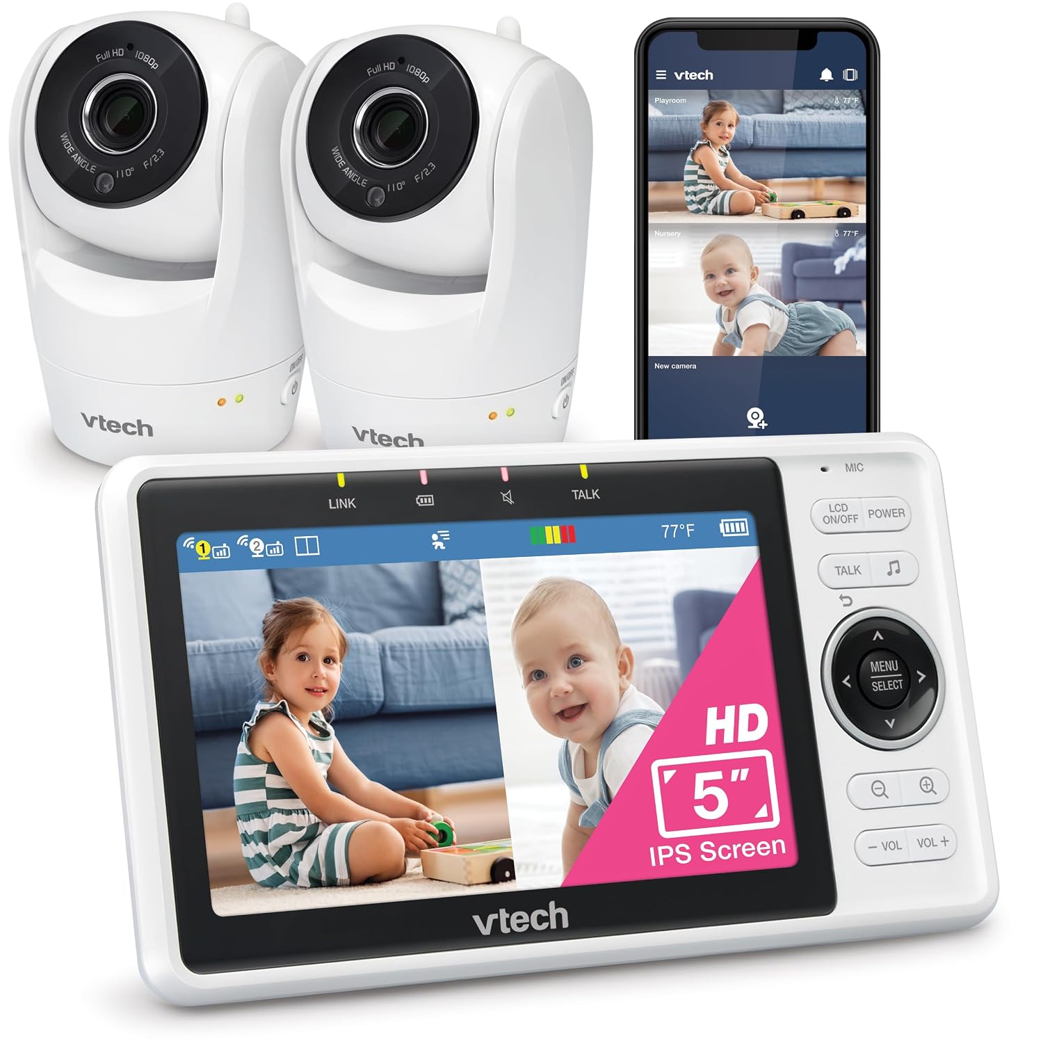 VTech 2-Cameras Smart WiFi Baby Monitor with 1080p FHD Camera and 5' HD IPS Screen, Free App with Motion Video, Sound/Motion Detection and Notifications, Split-Screen, Pan-Tilt-Zoom: VM901-2HD