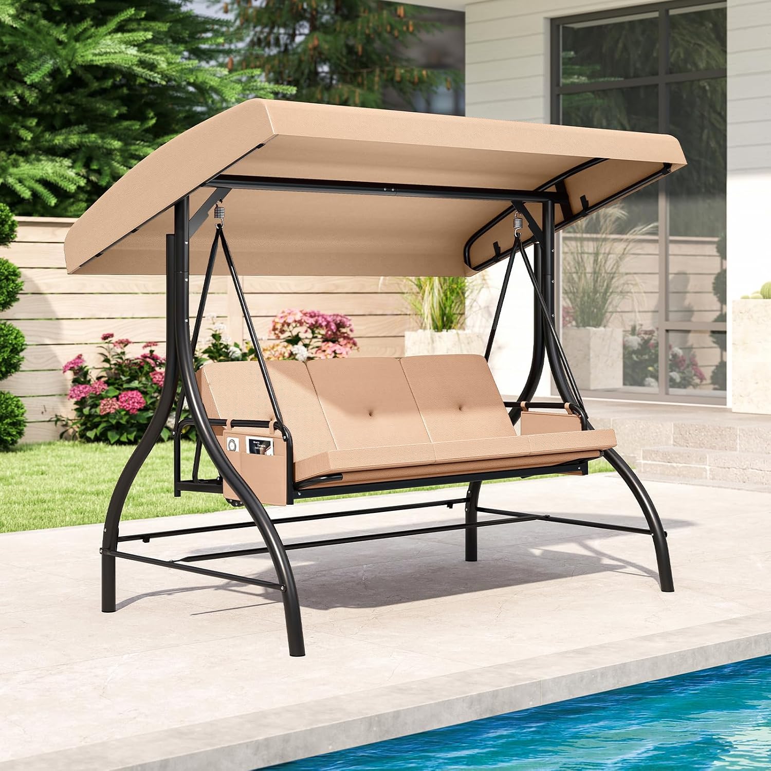 Tangkula 3 Person Porch Swing, 2-in-1 Convertible Outdoor Swing with Adjustable Canopy, Removable Cushions, Metal Frame, Side Pockets for Backyard, Garden, Porch (Beige)