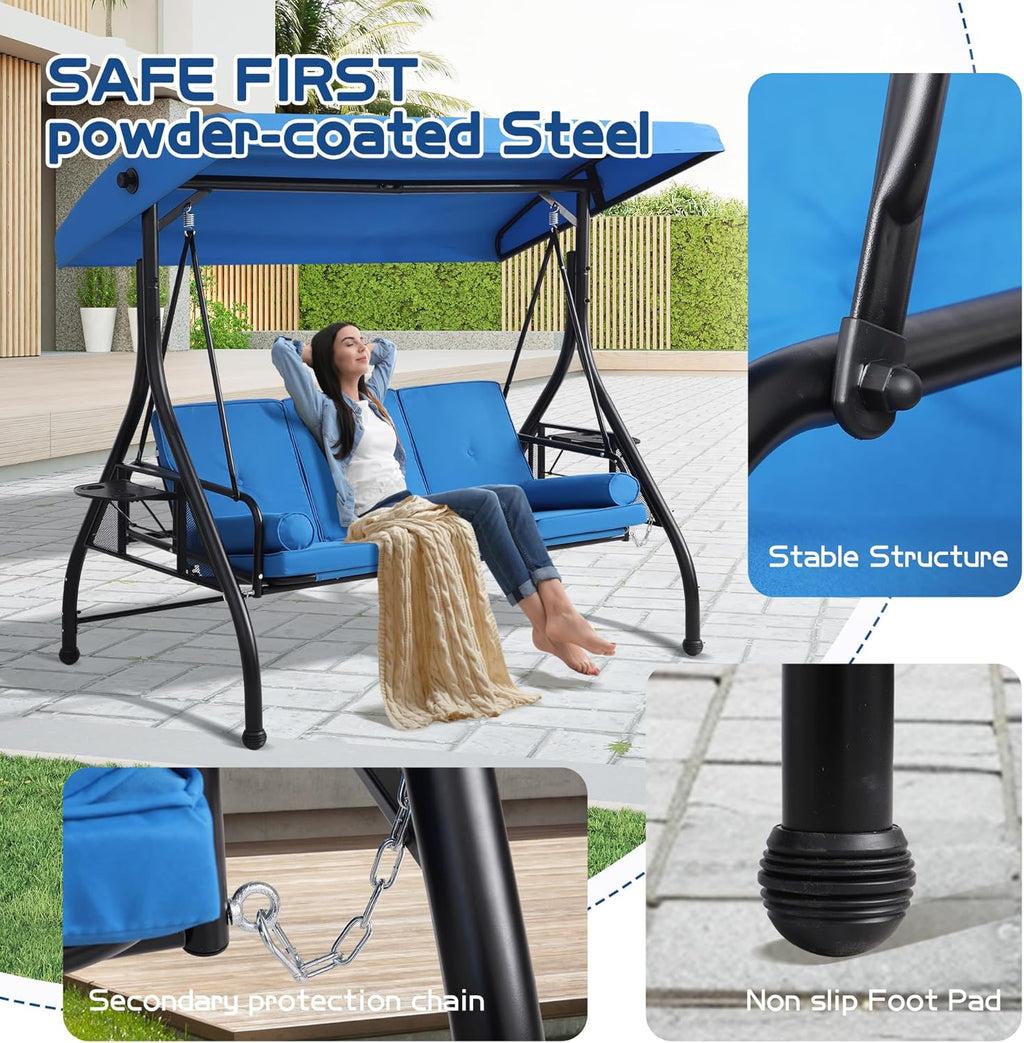 3 Seat Outdoor Porch Swings with Adjustable Canopy - Patio Porch Swing Glider Bench with Stand, Heavy Duty Swing Bed W/Cushions Pillows and Cup Holder for Backyard Garden Lawn Poolside (Blue)