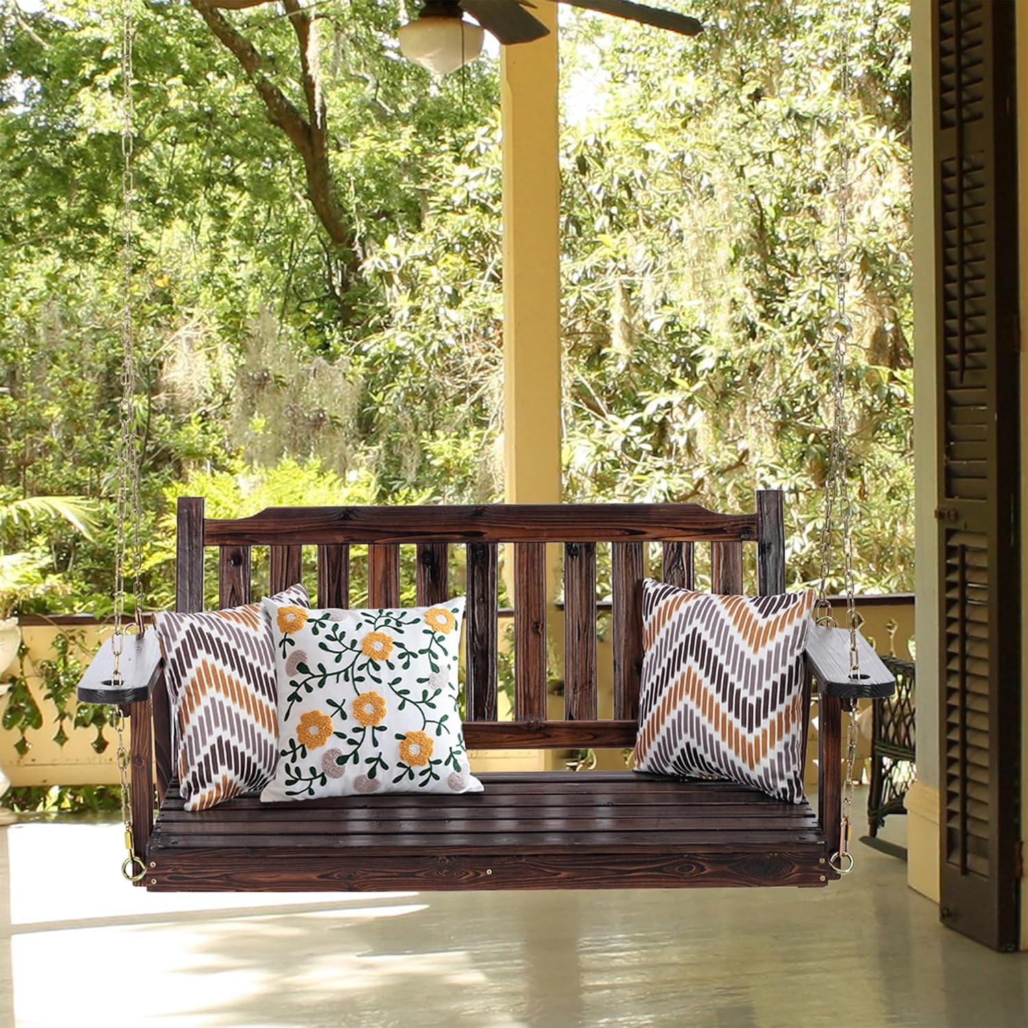 Anraja Wooden Porch Swing 2-Seater Bench Swing with Hanging Chains Heavy Duty 800 LBS for Outdoor Patio Garden Yard, Large 4 Ft, Dark Brown