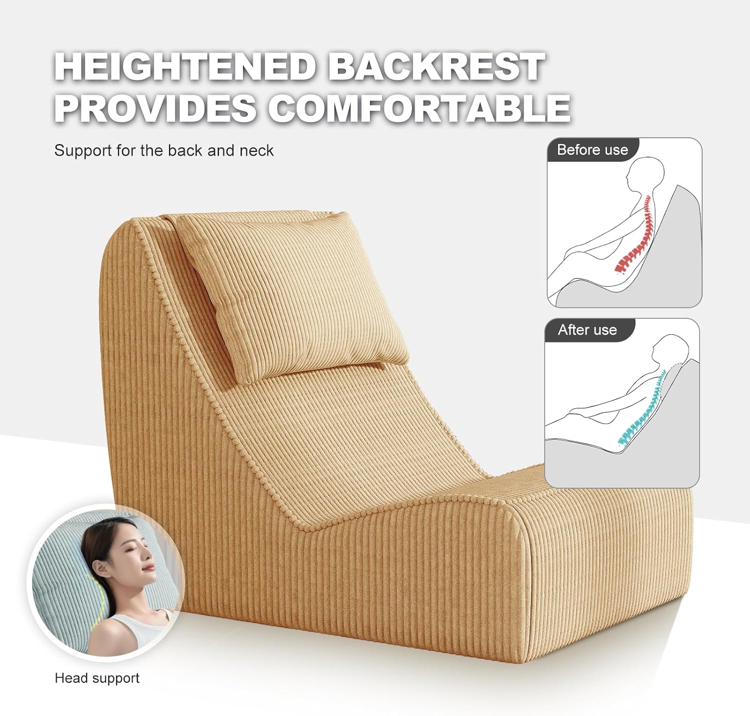 Giant Bean Bag Chair for Adults,Corduroy Chaise Lounge with Unrivaled Back Support, Detachable Neck Pillow, Comfortable Ottoman & Washable Cover for Living Room, Bedroom, Garden (Camel)
