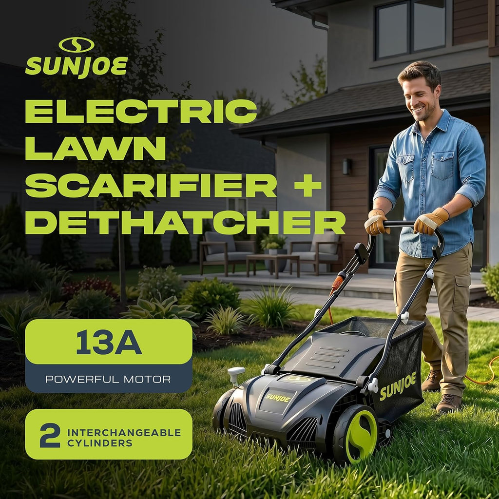 Sun Joe 15-Inch Electric Powered Lawn Dethatcher with Scarifier Blade Reel and Collection Bag - 13-Amp Corded Yard Power Rake Tool Machine for Grass Thatch Removal, AJ805E