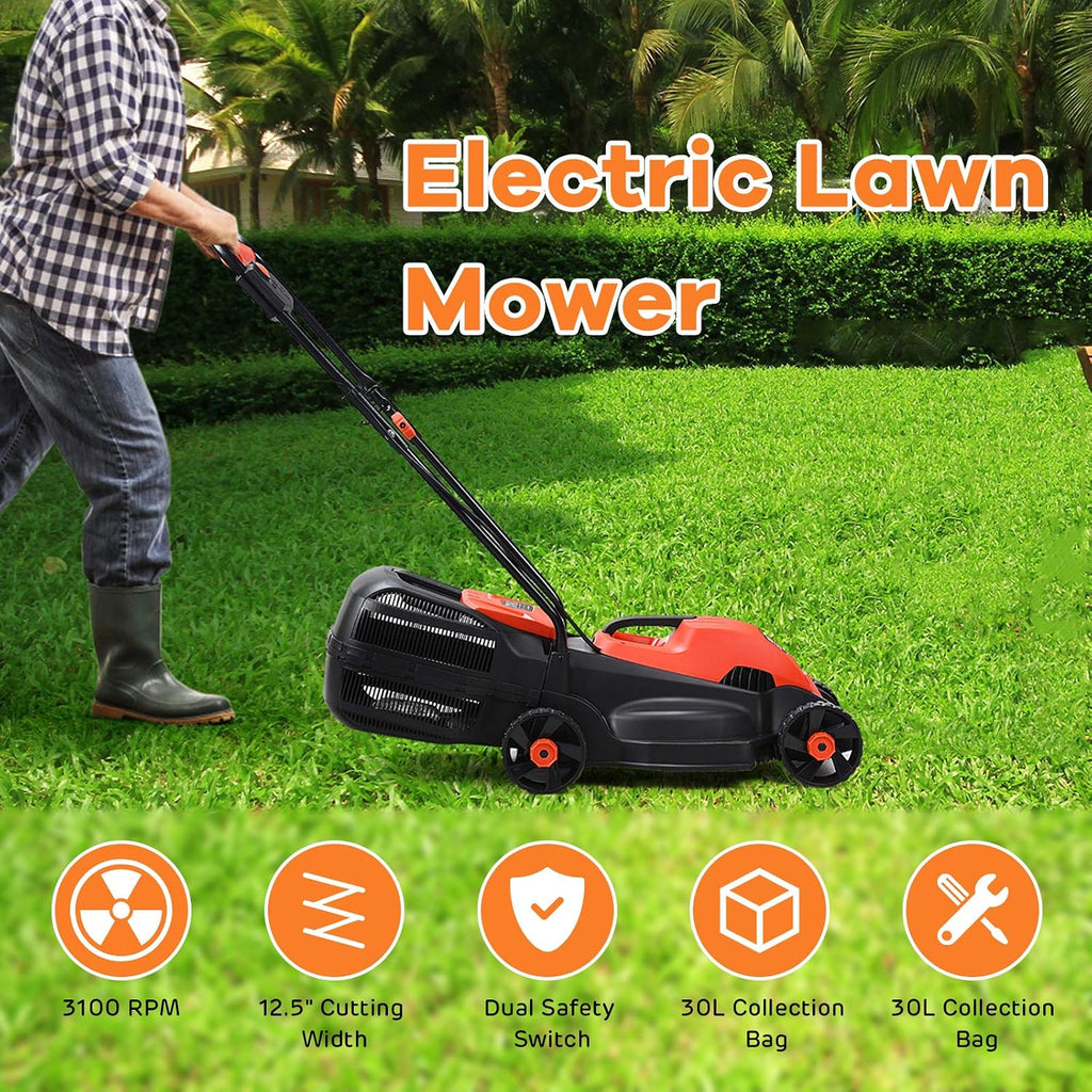 Happygrill Lawn Mower 13-Inch Electric Lawn Mower, Handle Push Corded Lawn Mowers with Grass Bag, Folding Handle, Adjustable Cutting Height for Garden Yard, 12 Amp,Red