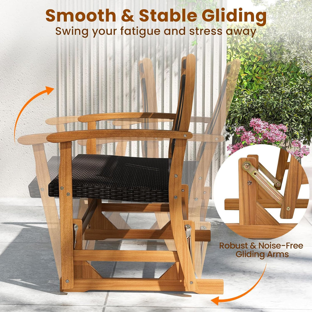 Tangkula Patio Rattan Glider Bench, Swing Gliding Rocker w/Acacia Wood Frame & Wicker Seat Back, Outdoor Rocking Armchair w/Curved Armrests for Porch, Backyard, Poolside (2 Seat)