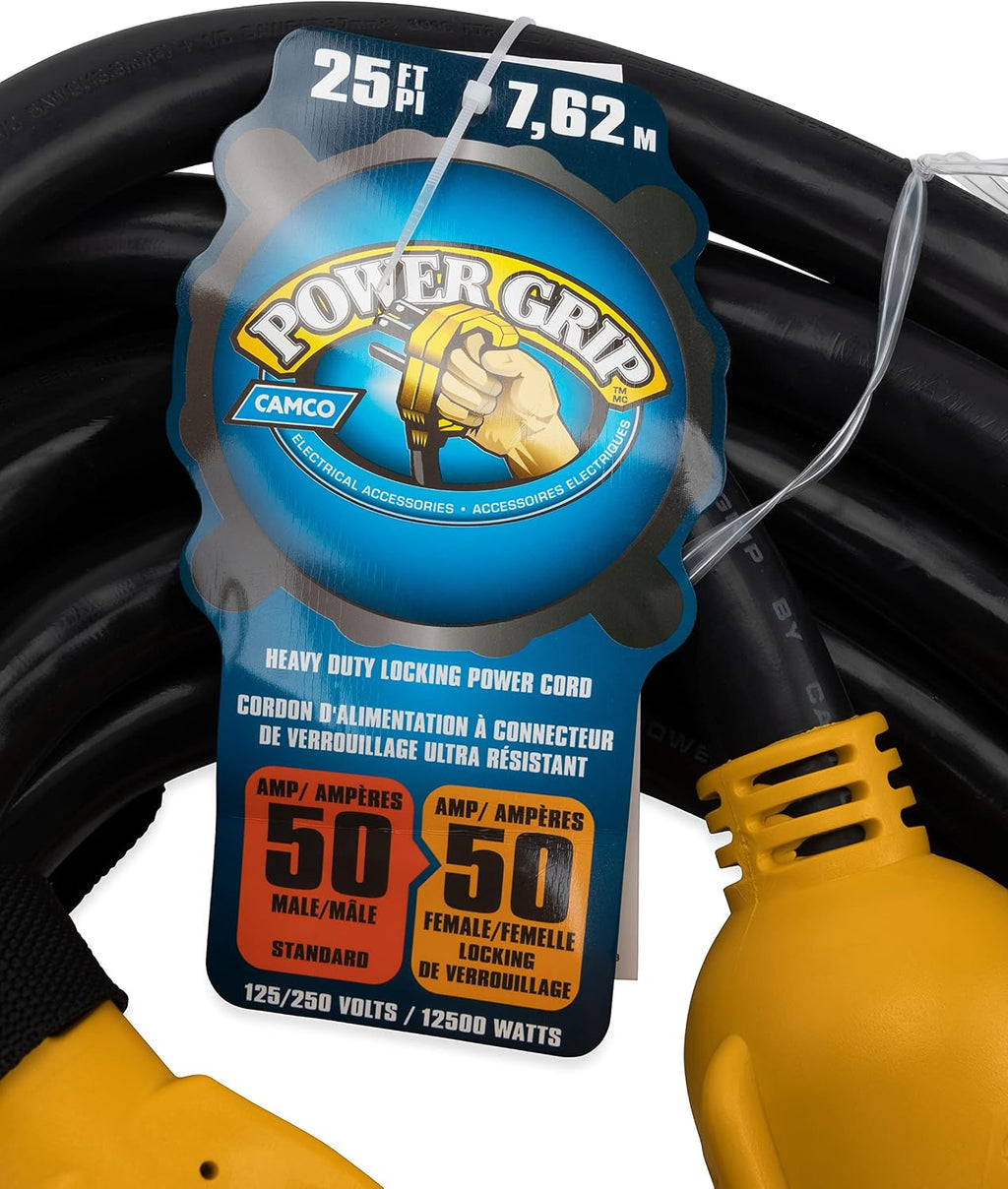 Camco Power Grip 25-Ft 50 Amp RV Extension Cord - NEMA 14-50P Male & FSS2-50R Locking Female Connectors - Rated for 125/250 V/12,500 W - Features Copper 6/3 + 8/1-Gauge Wires for Conductivity (55542)