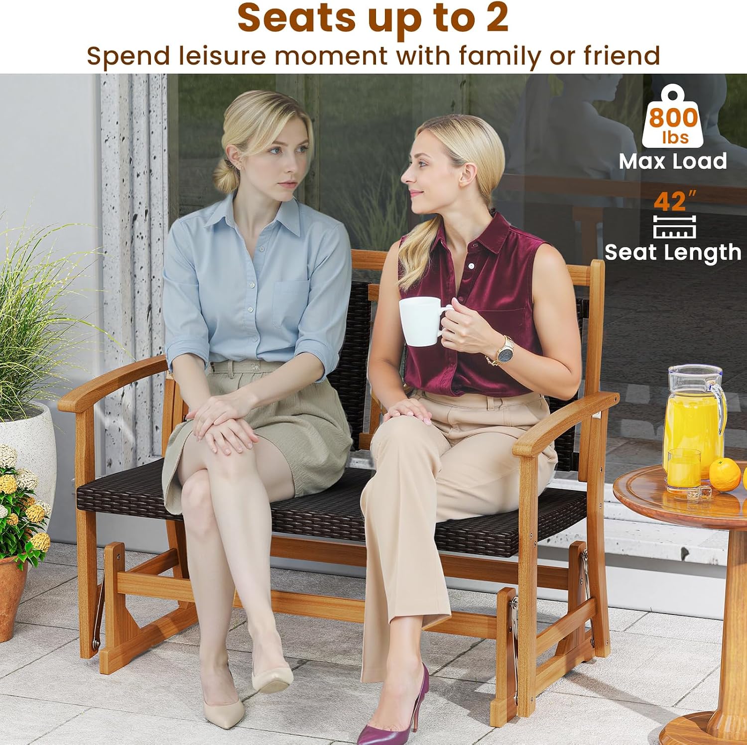 Tangkula Patio Rattan Glider Bench, Swing Gliding Rocker w/Acacia Wood Frame & Wicker Seat Back, Outdoor Rocking Armchair w/Curved Armrests for Porch, Backyard, Poolside (2 Seat)
