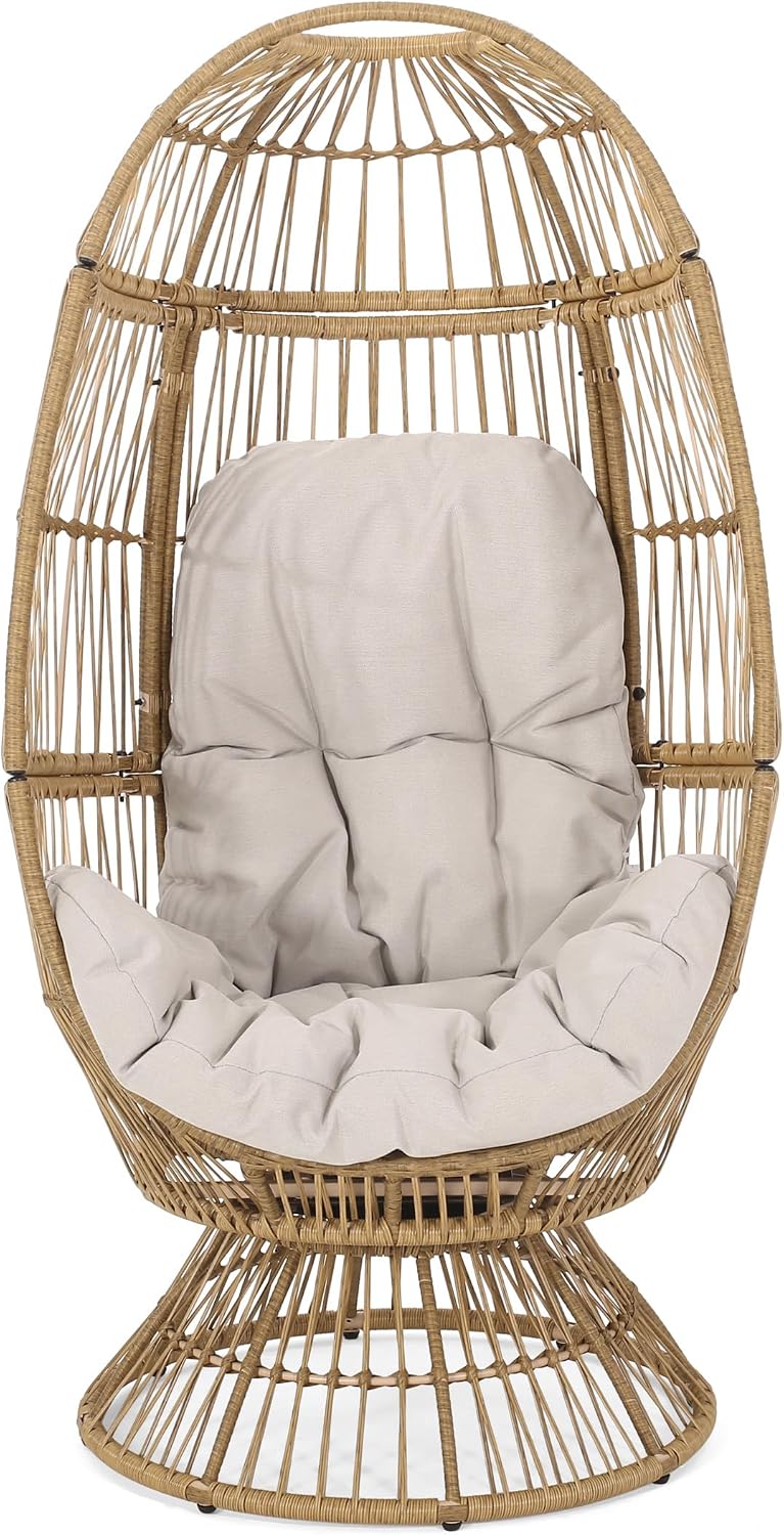Wicker Egg Chair, Wicker Lounge Chair with Water Resistant Cushion, Indoor Outdoor Lounger for Patio, Backyard, Living Room (Natural)
