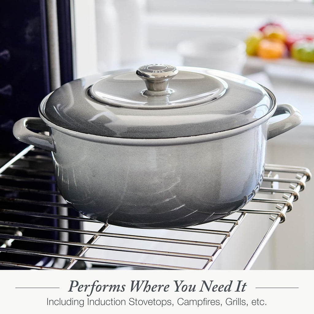 Merten & Storck 5.3QT Round Dutch Oven Casserole Pot with Lid, European Crafted Enameled Iron Stockpot, Induction & All Cooktops, Braising, Stews, Roasting, Slow Cooking, Sourdough, Cloud Gray