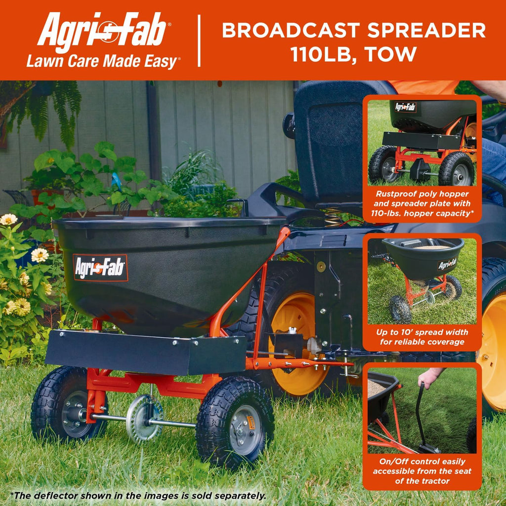 Agri-Fab 45-0527 110 lb. Tow- Behind Lawn & Garden Broadcast Spreader for Seed,Fertilizer,Salt,Ice Melt; Easy to use Flow Control from Seat of Riding Lawn Mower