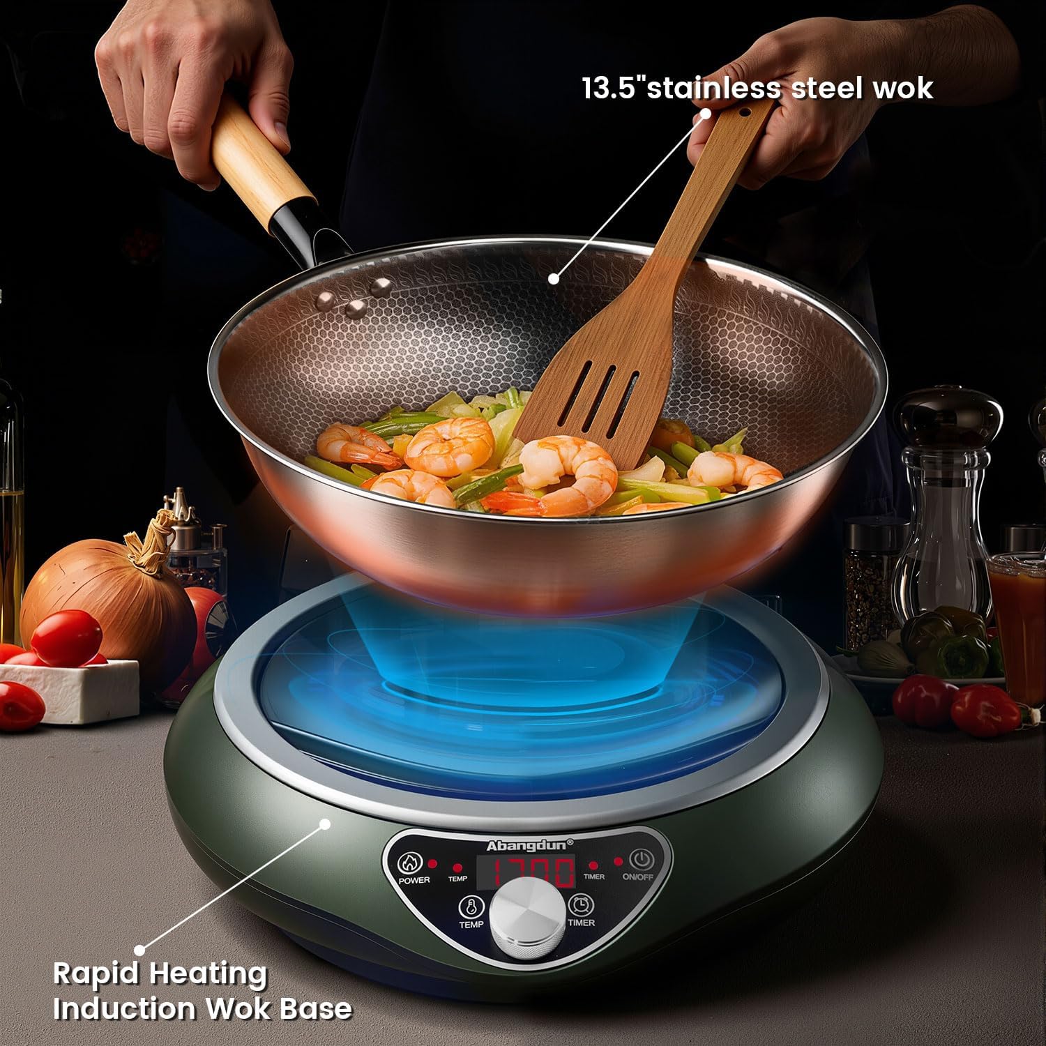 1700W 120V Concave Induction Wok Cooktop with Stainless Steel Wok, Non-Pulse Continuous Heating, 16 Power Levels, Portable Countertop Burner for Round-Bottom Woks & Stir-Fry Cooking
