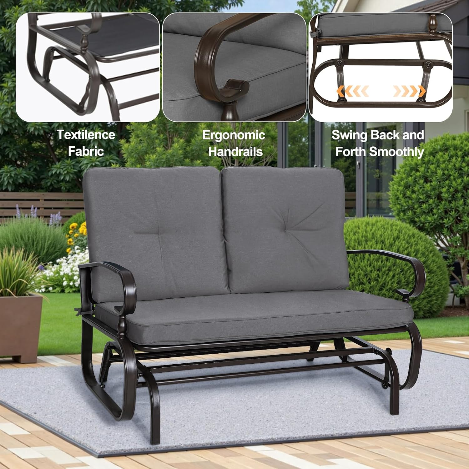 Incbruce Outdoor Textilene Glider Rocking Chair Patio Glider Bench for 2 Person, Porch Loveseat Seating Patio Steel Frame Chair Set with Cushion for Porch, Patio, Garden (Grey)