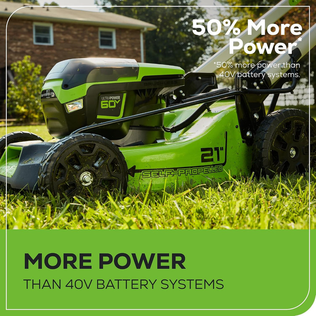 Greenworks 60V 21' Brushless (Self-Propelled) Cordless Lawn Mower, 2 x 4.0Ah Batteries (3/4 Acre, Rapid Charger, 4-in-1, LED Lights, IPX4)