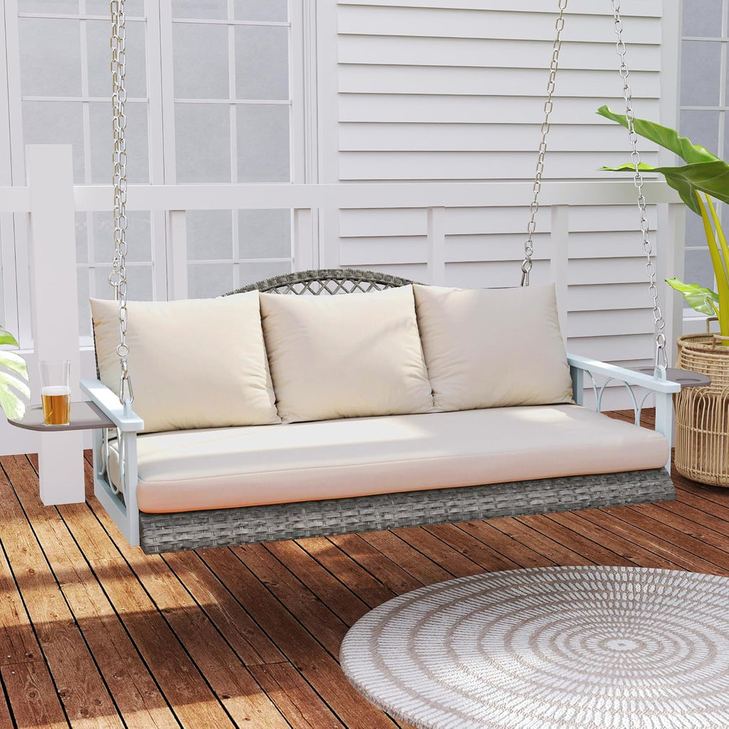 Outsunny 3 Person Wicker Porch Swing Chair Heavy Duty 800 LBS with Cup Holder, 57 Inch Outdoor Rattan Patio Hanging Swing Bench with Cushions and Chains for Garden, Backyard, Natural Wood