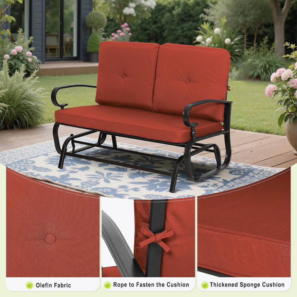 Outdoor Bench Patio Swing Glider Loveseat 2 Seats Rocking Chair, Wrought Iron Gliders for Outside Patio with Cushion (Red)