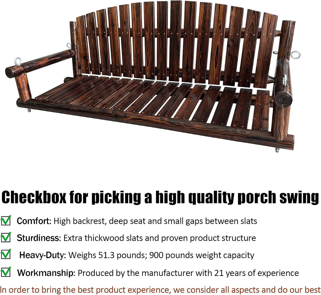5FT Rustic Log Wooden Porch Swing, Heavy-Duty 900 LBS, Outdoor Hanging Bench for Patio, Garden, Yard – Solid Fir Wood, Handcrafted, Weather-Resistant Finish (Rustic, 5-feet)