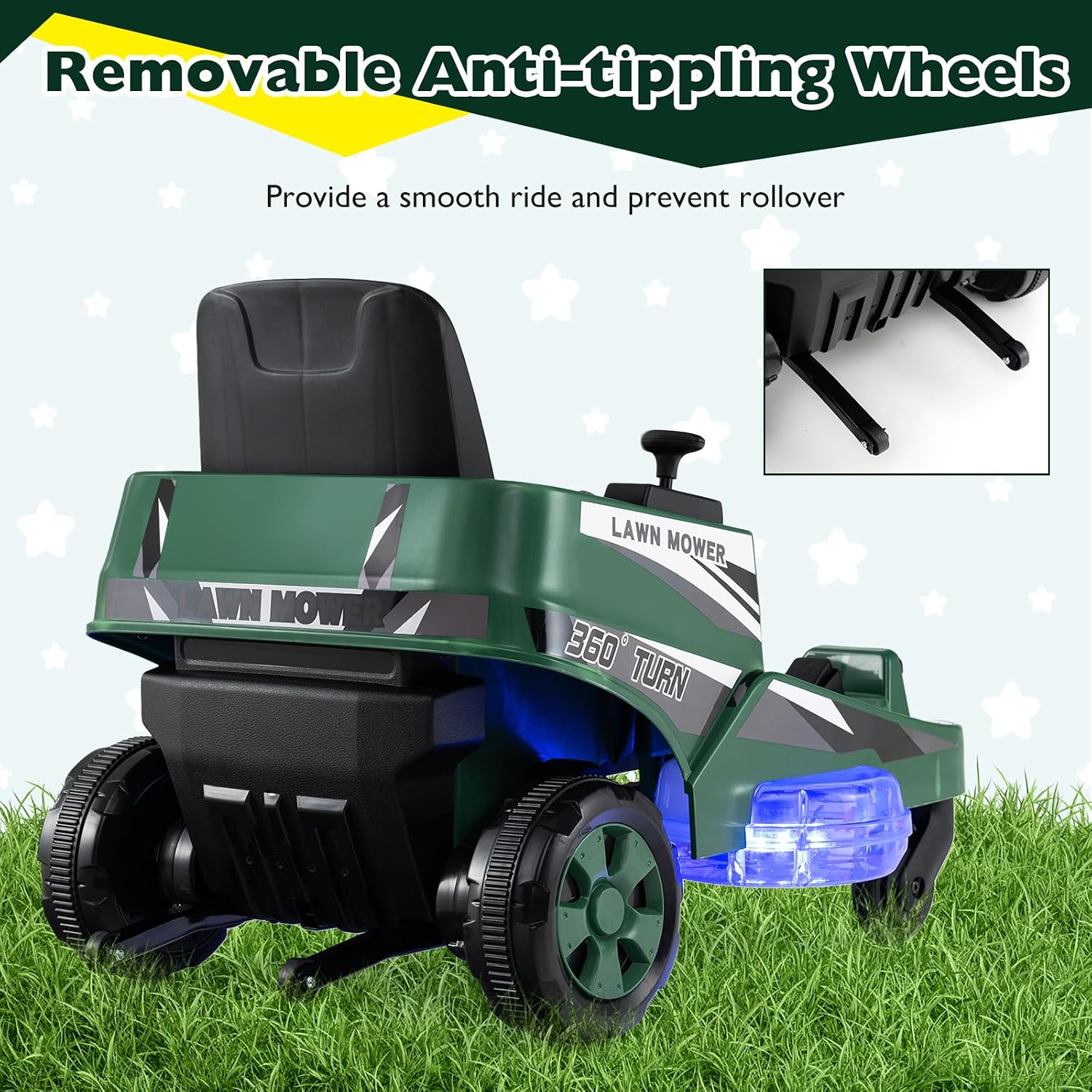 Costzon Ride on Lawn Mower for Kids, 12V Toddler Electric Car with 360° Twist and Turn, Dual Control Sticks, LED Lights, Outdoor Ride on Toy Gift for Boys & Girls Aged 3-8 (Dark Green)