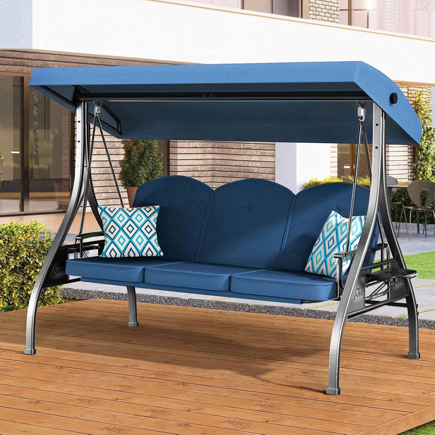 ZZW 3 Seat Outdoor Porch Patio Swing with Stand 800lbs 2-in-1 Convertible Swing Bed with Adjustable Canopy & Removable Cushion for Yard Garden Deck (Blue, Square Tube)