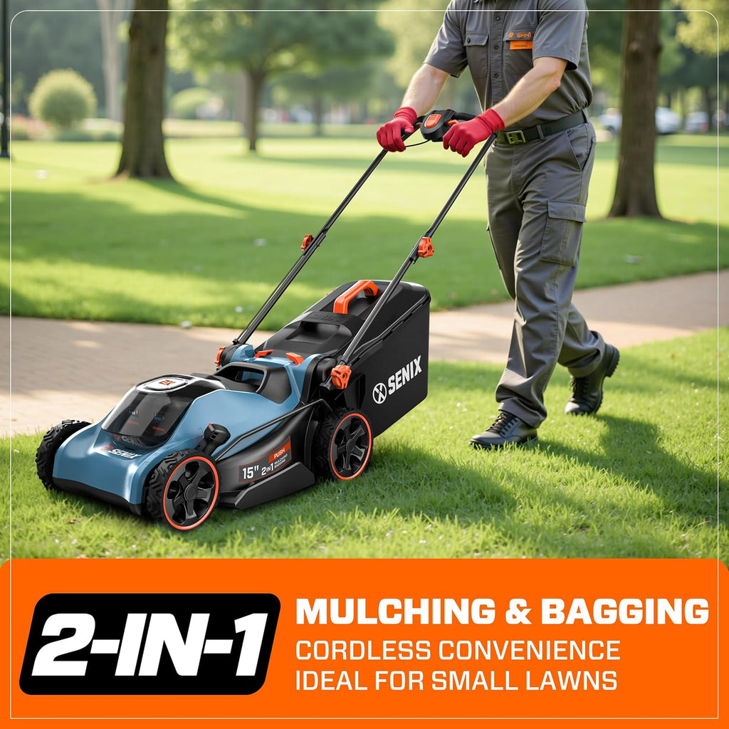 SENIX 40V 15'' Cordless Lawn Mower - 1.3 Bushels Grass Bag, (2) 4Ah Batteries & 3.0A Charger Included