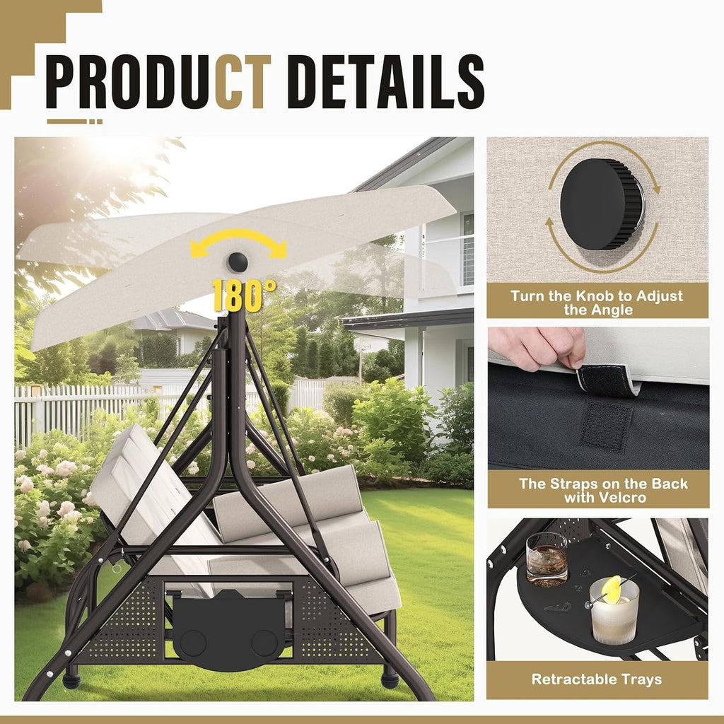 Betterland 3-Seat Patio Swing Chair, Outdoor Porch Swing with Cushions,Pillows & Cup Holders, Adjustable Canopy Outside Bench Swing for Backyard, Porch, Garden(Brown)