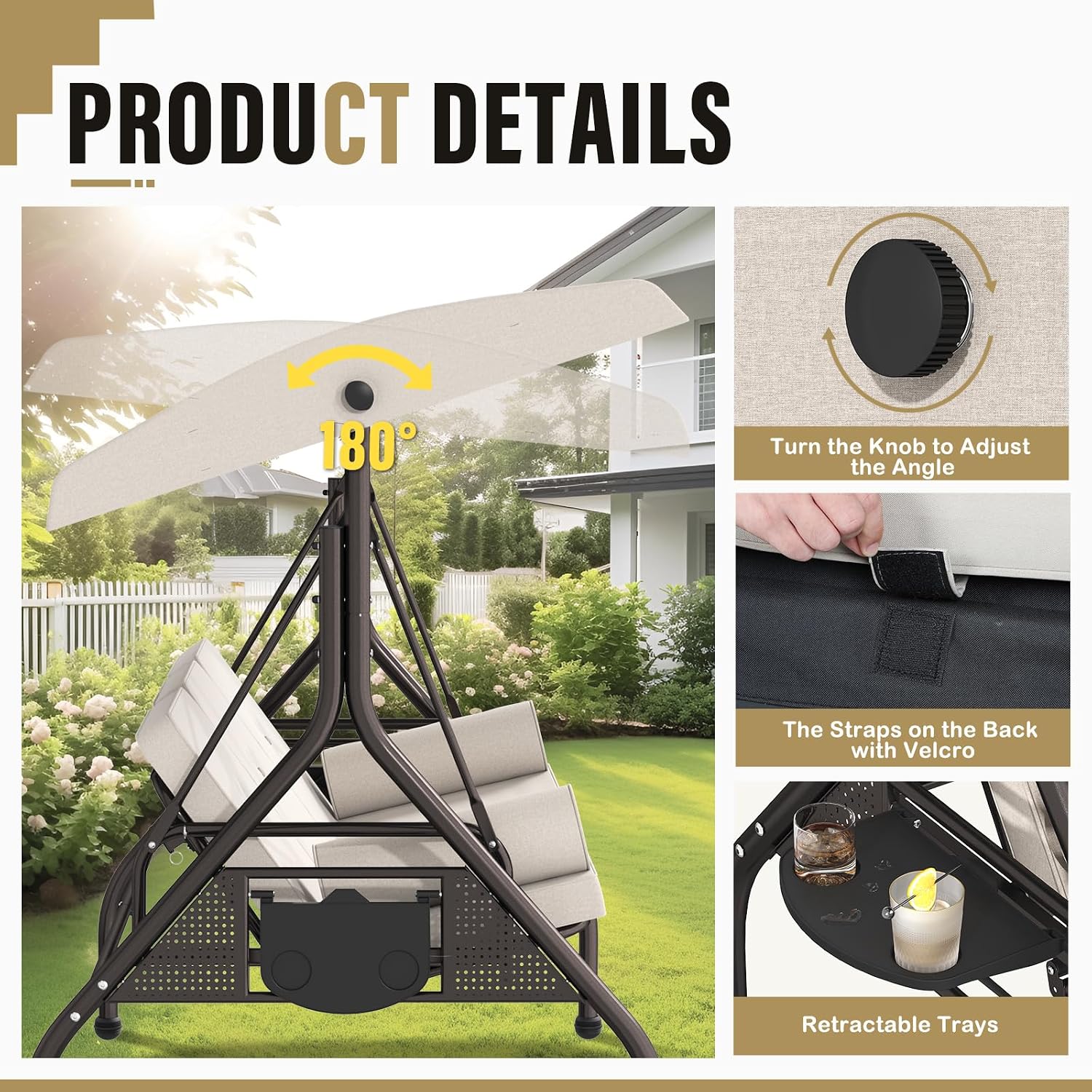 Betterland 3-Seat Patio Swing Chair, Outdoor Porch Swing with Cushions,Pillows & Cup Holders, Adjustable Canopy Outside Bench Swing for Backyard, Porch, Garden(Brown)